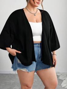 SHEIN CURVE+ 秋冬季大码女式纯色七分袖宽松休闲开襟夹克/图案T恤