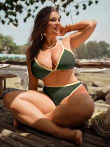 Swim Mod Conjunto de bikini sexy de 2 piezas para mujer de tallas grandes con bloqueo de color, tirantes finos, copas triangulares, abertura y uso casual en la playa o vacaciones