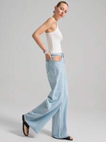 Ontre Women's Blue Jeans Low Waist Hollow Waist Wide-Leg Pants Future-Style Minimalist Jeans Summer Jeans - Light Wash - View 3