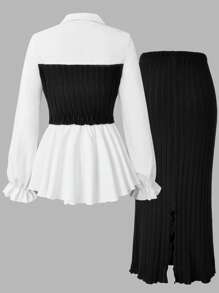 SHEIN 2pcs Teen Girl Shirt Collar Lantern Sleeve Knitted Top & Knitted A-Line Slit Hem Skirt Set