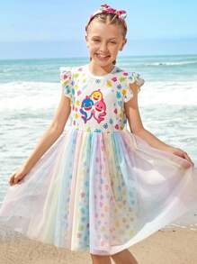 BABY SHARK X SHEIN Váy dễ thương cho bé gái tuổi teen họa tiết cá mập và vỏ sò nhiều màu sắc ombre chiffon màu trắng mùa hè - Nhiều màu - Xem 3