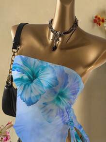 SHEIN MOD Casual Vacation Style Tropical Hibiscus Orange Tie Dye Tropical Floral Print Sexy Women's Floral Asymmetrical Hem Bandeau Crop Top, Suitable For Summer Vacation Beachwear Suitable For Going Out - Multicolor - View 6