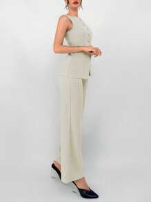 Aloruh 女士 2 件套办公室服装卡其色缺口翻领背心夹克和裤子，秋冬 - 杏色 - 查看 5