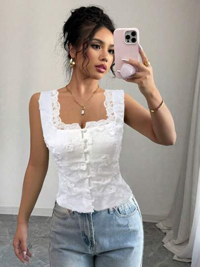 Selianne Elegante cardigan casual y de moda para oficina, sin mangas, con peto y cordón en la cintura, con espalda de encaje a parches y bordados, blusa de unicolor (floral aleatorio)