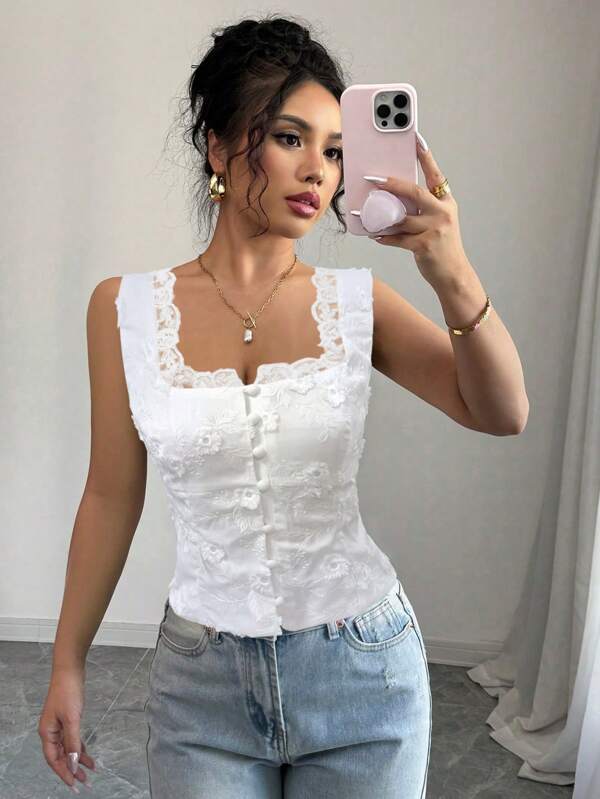 Elenzga Cardigan elegant pentru femei, la modă, casual, fermecător, fără mâneci, cu bretele, în talie, cu șnur la spate, din dantelă, broderie, culoare solidă (floral aleatoriu)