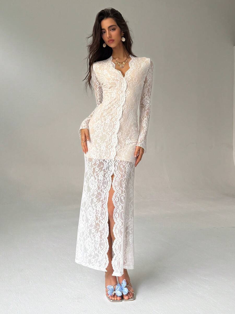 Aloruh Modern Deep V-Neck Long Sleeve Flare Cuff Tight Fitting Dress With High Slit - White - View 1