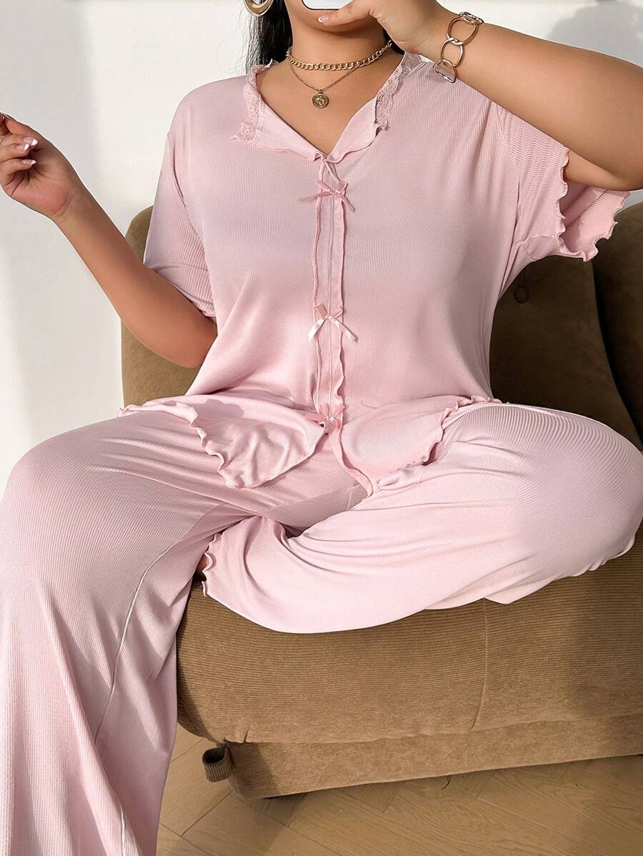 SHEIN Plus Size Solid Color Bow Decor Ribbed Knit Short Sleeve Top And Long Pants Pajama Set, Outfits - Pink - View 1
