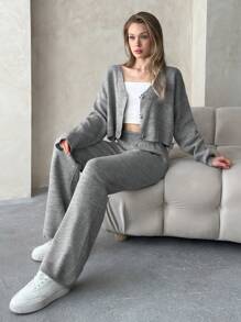 EURMUSE Ensemble de pantalon et cardigan femme à col en V avec boutons devant de couleur unie - Gris - Voir 3