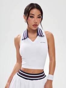 女式拼接领无袖休闲运动 Polo 衫，夏季时尚 - 白色 - 查看 3