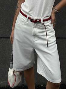 SHEIN x PRISCILA & JIMENA DAZY Women's Casual Loose Fitting Mid-Thigh Length Denim Shorts With Pockets - White - View 7