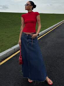 DAZY Women's Long Straight Denim Skirt With Pockets And Raw Hem, Casual Jeans Skirt - Medium Wash - View 6