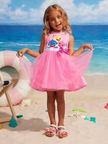 BABY SHARK X SHEIN 少女卡通彩色鲨鱼与海洋图案粉色可爱甜美蝴蝶结无袖连衣裙 - 彩色 - 查看 4