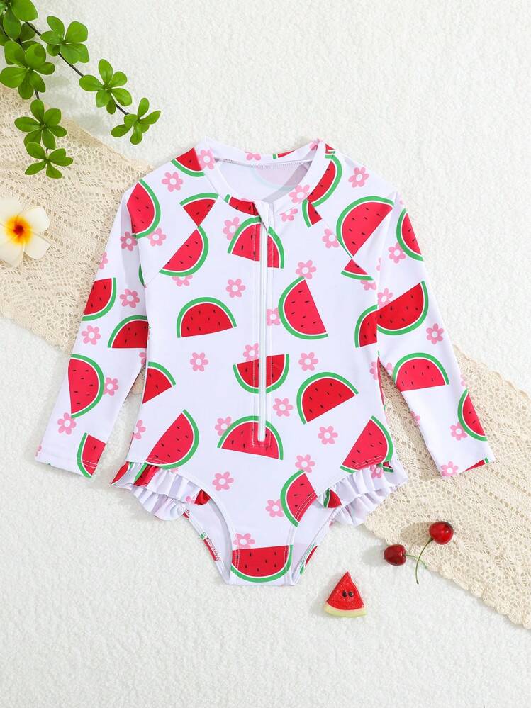 小女孩连体泳衣，西瓜印花，针织面料，连体泳衣，荷叶边腿部无束缚，时尚休闲优雅，适合游泳、度假、夏季儿童泳衣长袖儿童泳衣儿童泳装女孩泳衣 - 彩色 - 查看 3