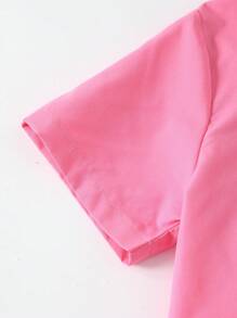 SHEIN Explorewe Tween Girl Pink Short Sleeve Shirt And Black Suspender Jumpsuit, Casual Summer Streetwear 2pcs Set - Pink - View 5