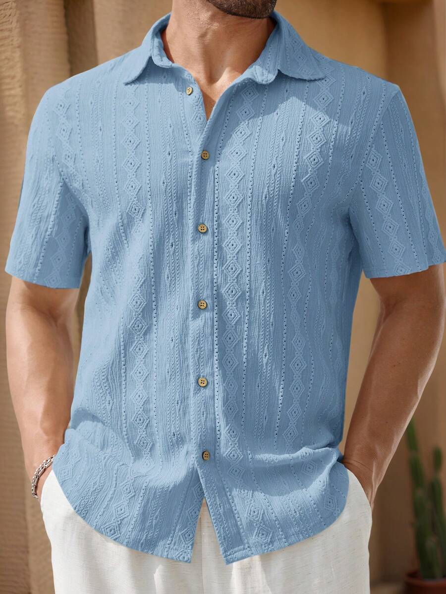 HIMLAND Áo sơ mi nam tay ngắn cổ bẻ Jacquard màu xanh dương thường ngày, phù hợp mặc hàng ngày vào mùa hè, Old Money - Màu xanh lam - Xem 1