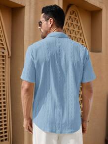 HIMLAND Áo sơ mi nam tay ngắn cổ bẻ Jacquard màu xanh dương thường ngày, phù hợp mặc hàng ngày vào mùa hè, Old Money - Màu xanh lam - Xem 3