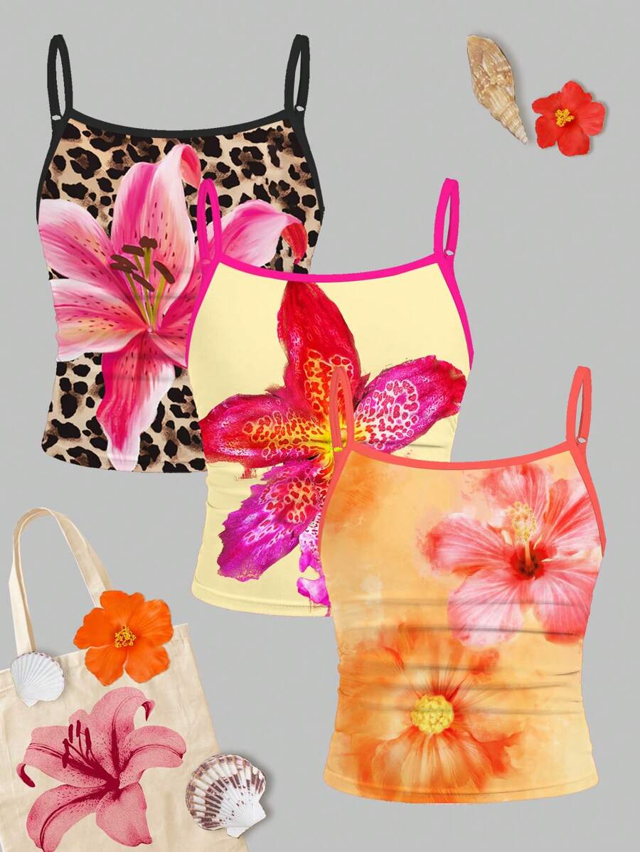 SHEIN Girlism 3 件套可爱樱桃红、紫红色、橙色扎染热带花卉印花工字背心,青少年女孩修身休闲运动基本款吊带背心 3 件套,海滩复古风格,可爱的 Y2K 椰子女孩波西米亚风度假,适合夏季 - 彩色 - 查看 1