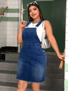 SHEIN ICON 大码休闲水洗牛仔背带裙 - 中等水洗藍 - 查看 5