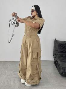 POPSWAY 2 piezas Set de Mujer Talla Grande: Top casual de manga corta caqui + Pantalones utilitarios - Caqui - Ver 6