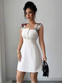 Vestido de mujer con panel en los hombros, cinturilla ceñida y bordado sobre tela de malla - Albaricoque - Ver 6