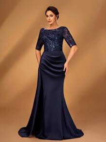 Serin 优雅浪漫奢华蓝色串珠刺绣缎面拼布 V 领短袖鱼尾荷叶边下摆开衩亮片连衣裙，适合正式活动、派对、约会、度假、舞会、婚礼、新娘母亲礼服 - 藏蓝色 - 查看 1