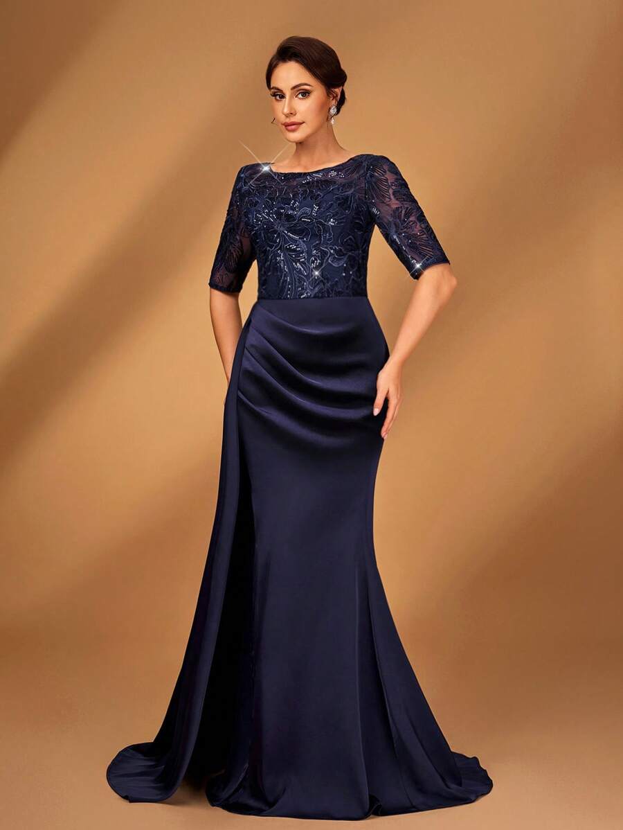 Serin 优雅浪漫奢华蓝色串珠刺绣缎面拼布 V 领短袖鱼尾荷叶边下摆开衩亮片连衣裙，适合正式活动、派对、约会、度假、舞会、婚礼、新娘母亲礼服 - 藏蓝色 - 查看 1