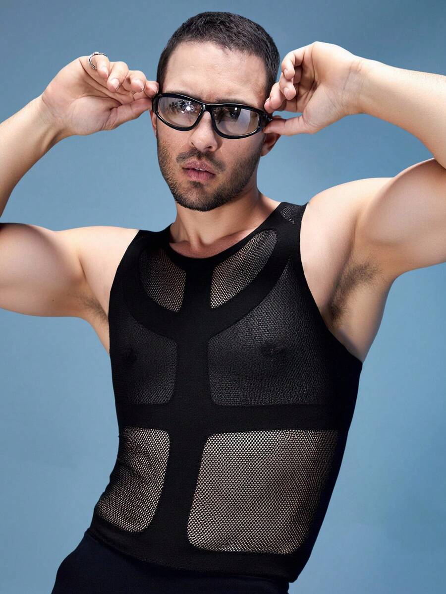 FeverCity Áo vest dệt kim cổ tròn gợi cảm Fever City Sheer Sexy dành cho nam - màu đen - Xem 1