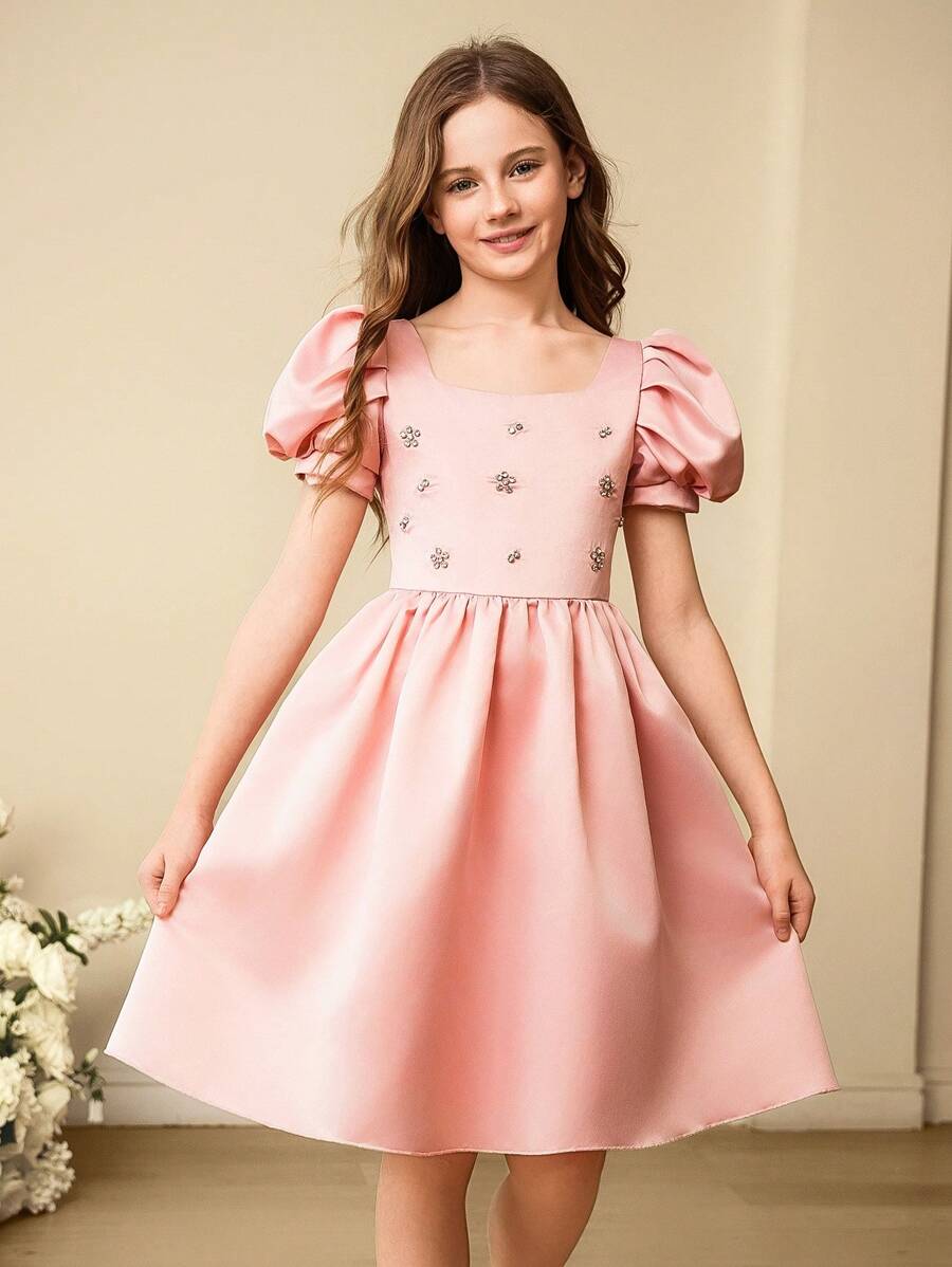 SHEIN Robe de fête mi-longue élégante et luxueuse aux manches bouffantes roses, convient pour les fêtes, les mariages, les vacances, les anniversaires et plus encore - Rose bonbon - Voir 1