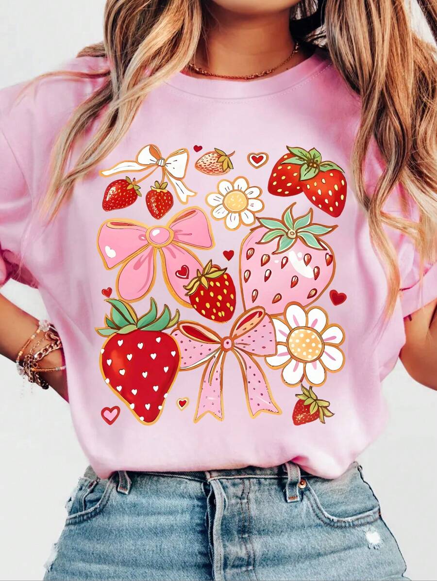 Glissea Áo thun cổ tròn in họa tiết nơ hồng và dâu tây mùa hè dành cho nữ - Hồng - Xem 1