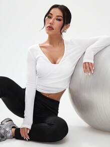 Solid V-Neck Sheer Long Sleeve Athletic T-Shirt, Summer - White - View 1