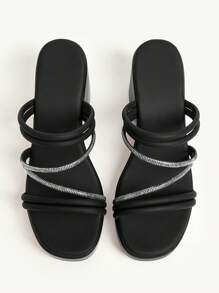 CUCCOO CHICEST Women Rhinestone Embellished Multi-Strap Square Toe Platform High Heel Sandals, Elegant Fashion Forward Black Ladies High Heels For Summer, Party, Beach, Music Festival, Club