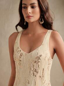 Anewsta 女士优雅浪漫刺绣流苏鱼尾纹理连衣裙，适合鸡尾酒会、约会、春夏季 - 杏色 - 查看 5