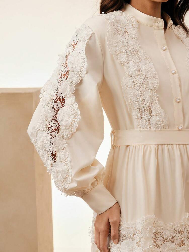Vestido elegante con aplicaciones de encaje y falda amplia, adecuado para primavera, verano, festivales, vacaciones, días festivos