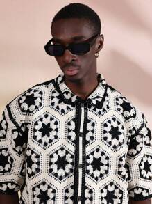 SUMWON Luxury Short Sleeve Crochet Zip Front Jacket Boho Vintage Pattern Hexagon Knit Winter Spring Seasonal Fashion - Black and White - View 3