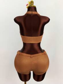 Amplova Set de 2 piezas con top corto con escote en V profundo y espalda de atar y pantalones cortos de cintura baja con textura - Naranja - Ver 2