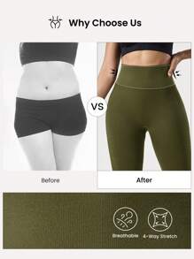 SHEIN Sports 女士纯色基本款无缝紧身裤 - 軍綠色 - 查看 7