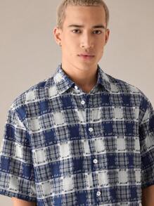 Manfinity VCAY Men's Woven Fashion Casual Loose Plaid Short Sleeve Blue Shirt