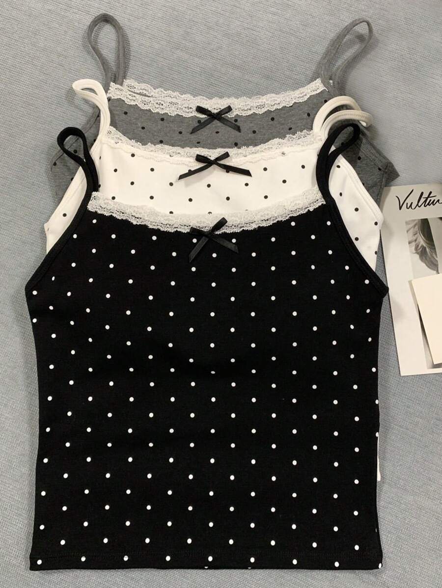 INAWLY Bộ áo hai dây in chấm bi cỡ lớn - Nhiều màu - Xem 1