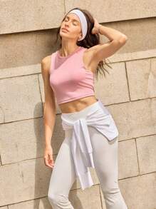 SHEIN Sovereign Charm Women Solid Color Hollow Back Casual Sports Cropped Tank Top - Pink - View 5