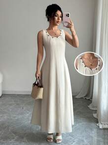 Gloray Damen Leinenkleid mit rundem Ausschnitt und ärmellos für den Berufsalltag