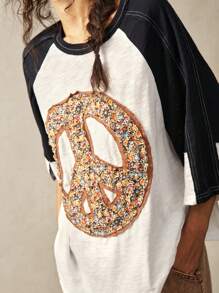 Bohemela Maglietta casual oversize taglie comode, maglia a blocchi di colore con scollo tondo e maniche a raglan