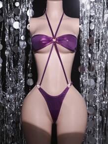 1 件女士性感镂空蕾丝紧身衣内衣外出服装 - 紫色 - 查看 7