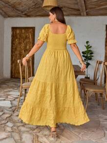EMERY ROSE Váy dài tay ngắn cổ vuông thắt eo màu vàng cho kỳ nghỉ xuân/hè cỡ lớn dành cho nữ - Màu vàng - Xem 2