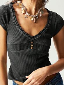 Bohemela Áo thun nữ tay ngắn cổ chữ V màu trơn đơn giản - màu đen - Xem 7