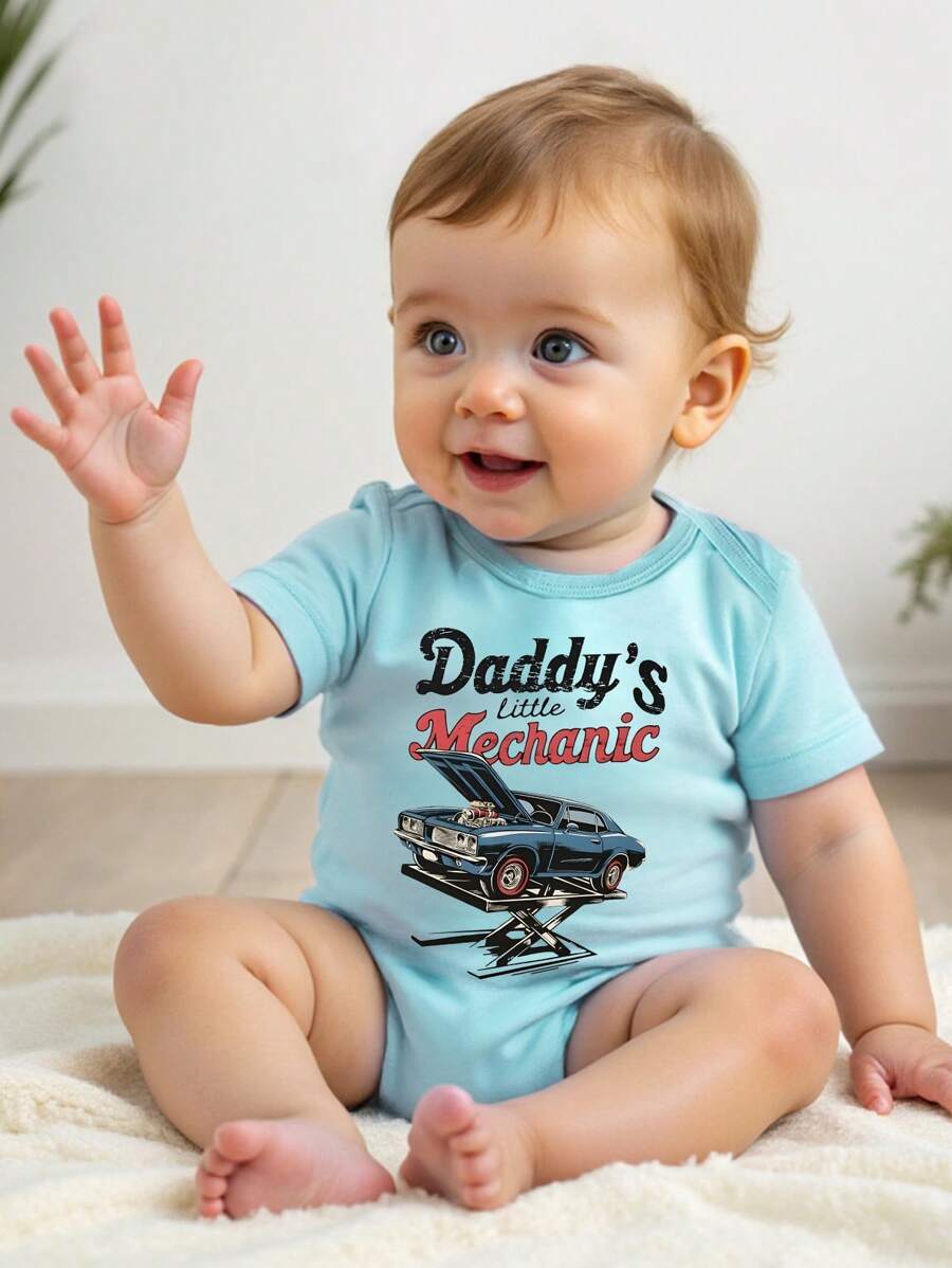 SHEIN Playful Pals Baby Boy Fashionable Minimalist Car & Letter Print Short Sleeve Bodysuit, Summer Baby Stuff Baby Boys Bodysuits Customize Baby Clothes Baby Clothing Customizable Baby Clothes Baby Boy Car Clothes