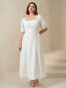 Chikora Robe d'été femme grande taille en maille avec broderie, col carré, dos nu, manches courtes. Robe blanche d'été décontractée pour femme. Vêtements d'été pour anniversaire, travail, remise de diplôme, mariage, vacances, festival - Blanc - Voir 3