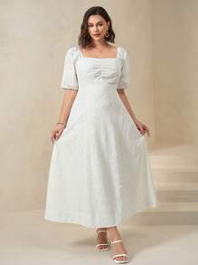 Chikora Robe d'été femme grande taille en maille avec broderie, col carré, dos nu, manches courtes. Robe blanche d'été décontractée pour femme. Vêtements d'été pour anniversaire, travail, remise de diplôme, mariage, vacances, festival - Blanc - Voir 4