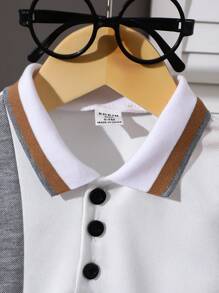 SHEIN Playful Pals Baby Boy Knitted Polo Tops. It's Suitable For Wearing When Going On Outings, Attending School, Or At Parties.Tops Summer - Brown - View 4