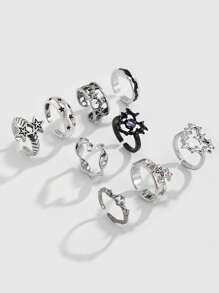 ROMWE Goth 9 件套时尚休闲朋克空心星形和心形戒指，节日理想礼物 - 彩色 - 查看 2