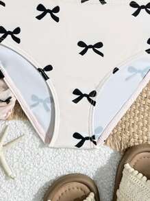 Young Girl Bow Print Bikini Swimsuit Set With Drawstring Skirt - Black and White - View 5